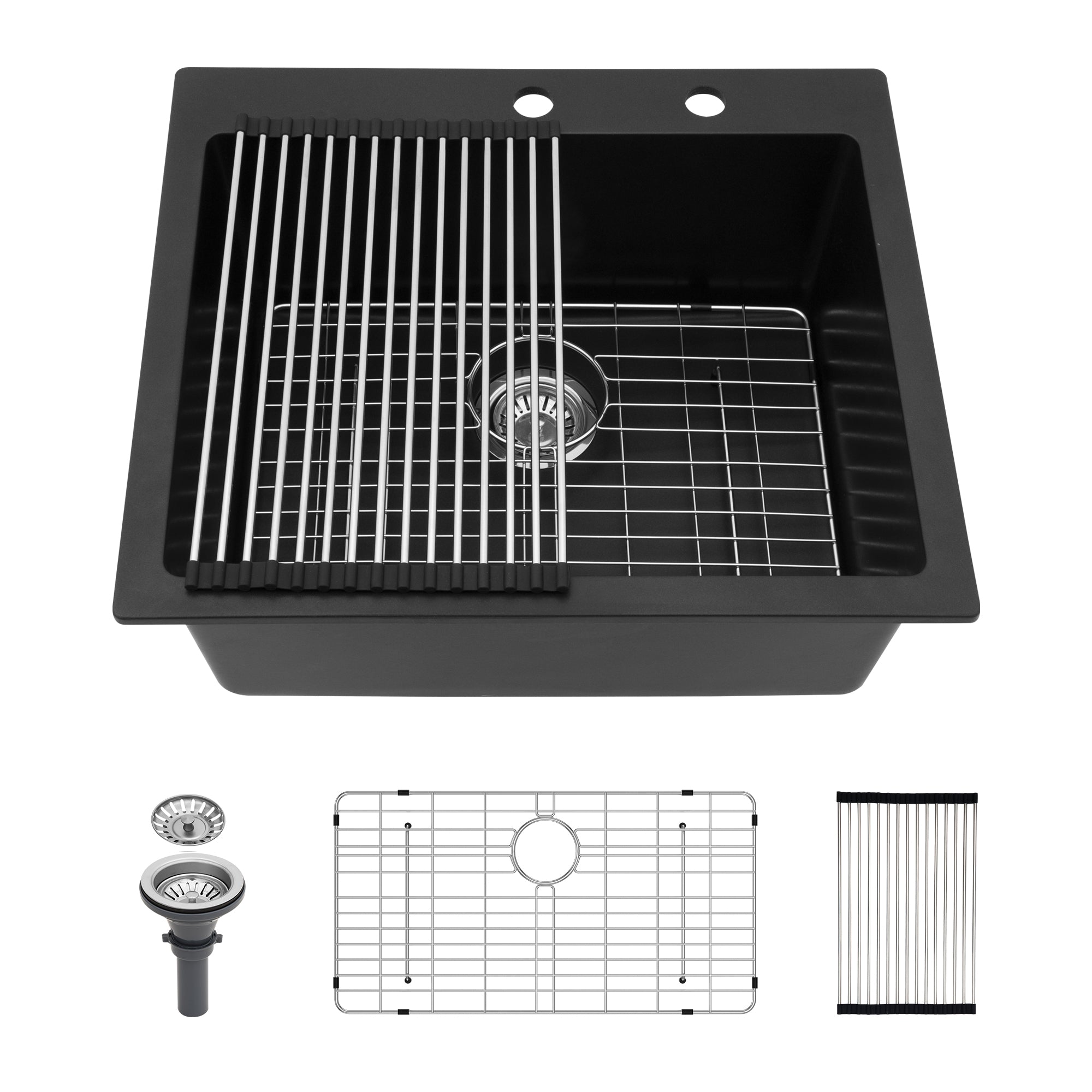 Quartz Kitchen Sink - 25x22" Black granite composite Drop in kitchen sink