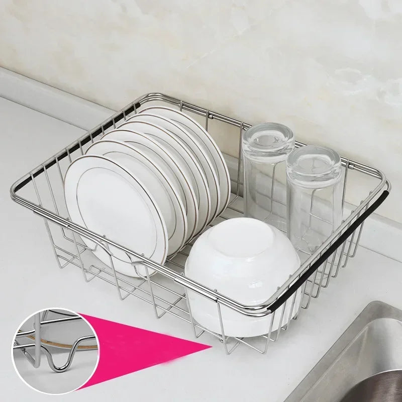 Stainless Steel Adjustable Fruit Bowl Drainer Holder Kitchen Utensils Sink Dish Drain Rack Single Layer Expandable Drying Basket