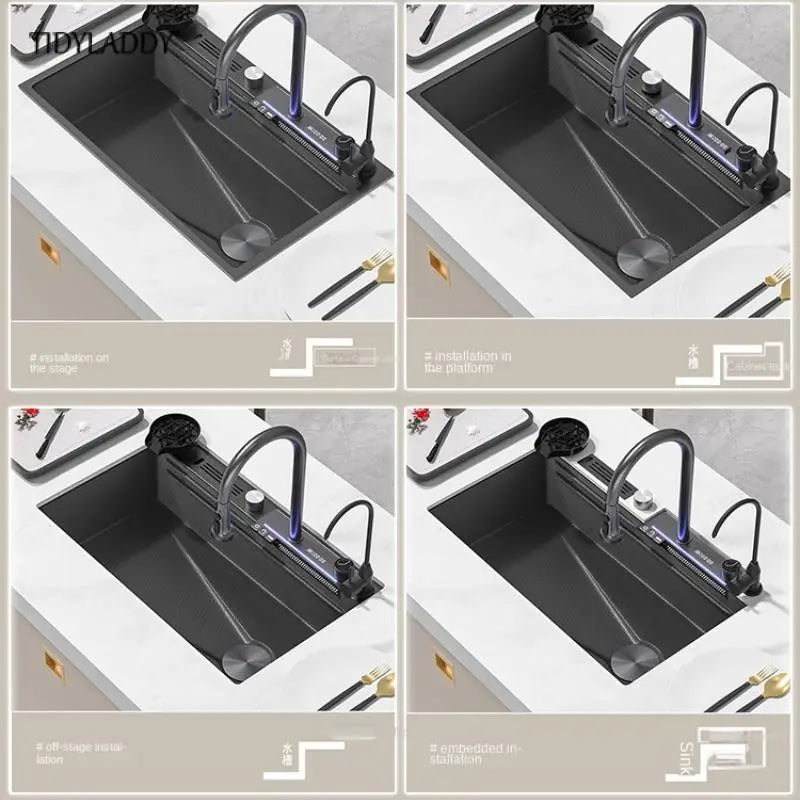 304 Stainless Steel Kitchen Sink Black Waterfall Kitchen Sink Nano Large Single Bowl with Multifunction Waterfall Faucet