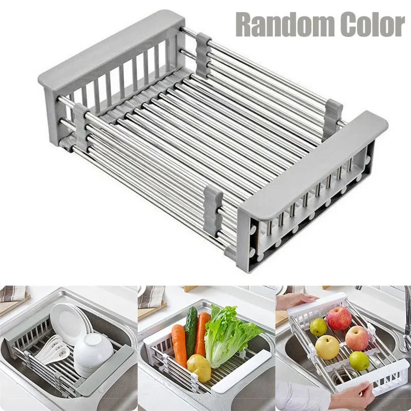 Kitchen Retractable Sink Water Filter Rack Drain Basket Stainless Steel  Sink Dish Drainer Counter