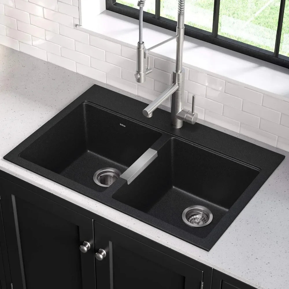 33-Inch Kitchen Sink, Equal Bowls, Black Onyx Granite, Kitchen Sink