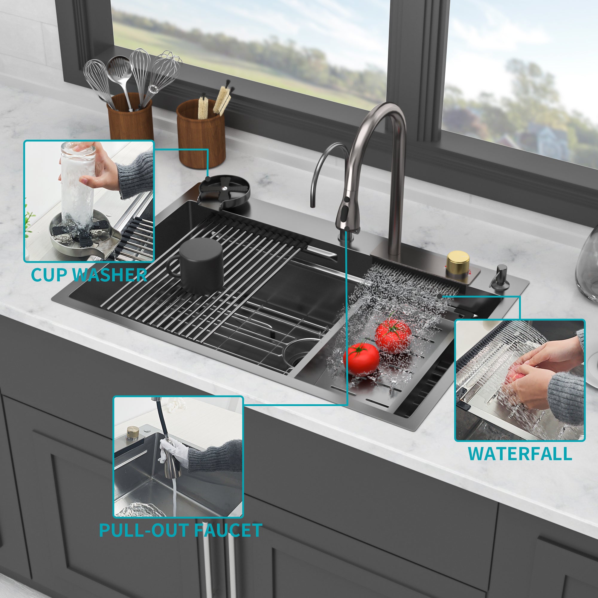 Gunmetal Black Drop in Waterfall Kitchen Sink - 33*22 inch Single Bowl 16 Gauge Stainless Steel Ledge Workstation Kitchen Sinks with Pull-Out Faucet & Cup Washer