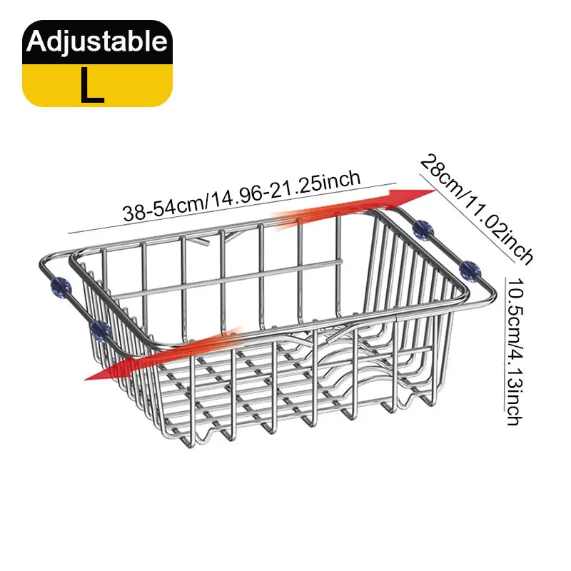 Stainless Steel Dish Drying Rack Adjustable Kitchen Sink Dish Drainer Fruit Vegetable Drain Basket Dishes Draining Storage Rack