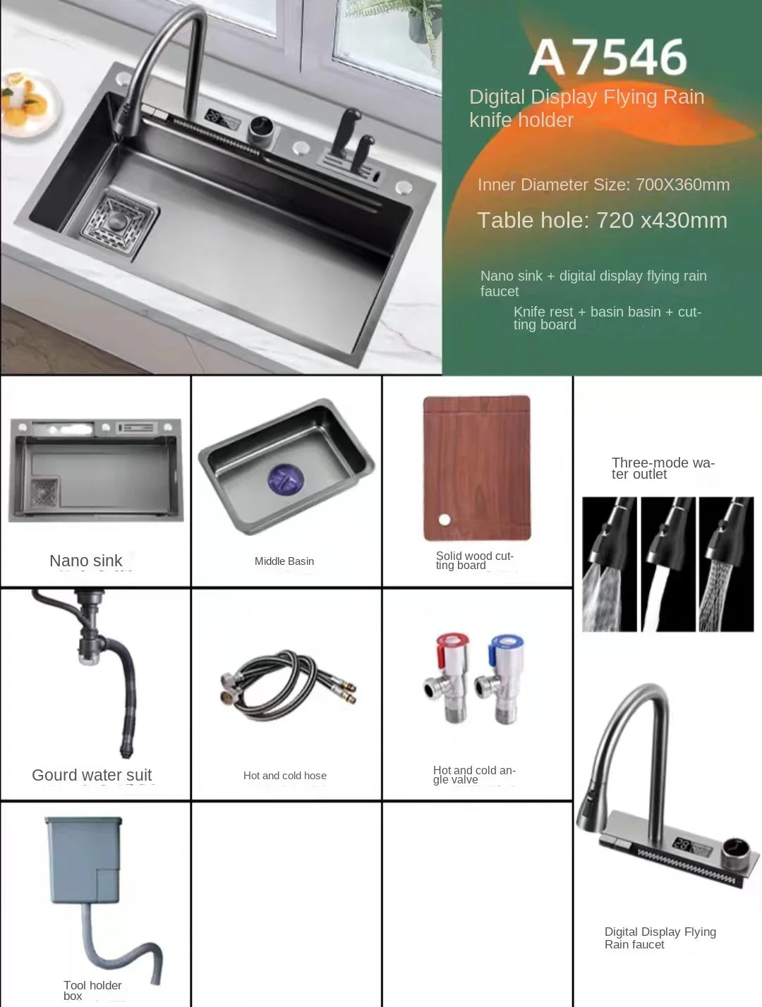 Waterfall Kitchen Sink Stainless Steel Nano Multifuctional Large Single Slot with Digital Display Touch Waterfall Faucet