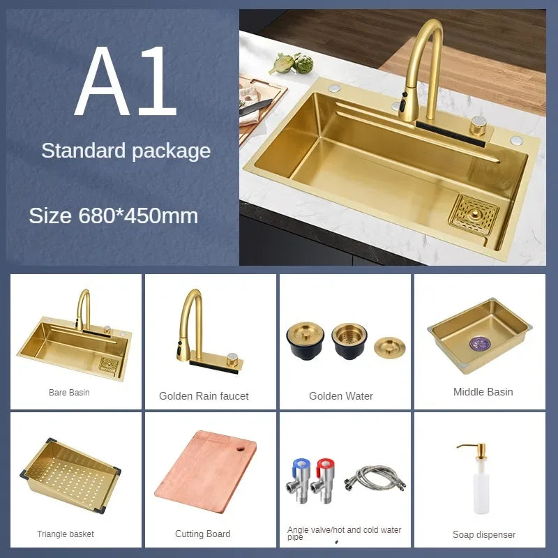 Nano Gold Flying Rain Waterfall Kitchen Sink Thickened 304 Stainless Steel Large Single Slot Household Vegetable Washing Basin