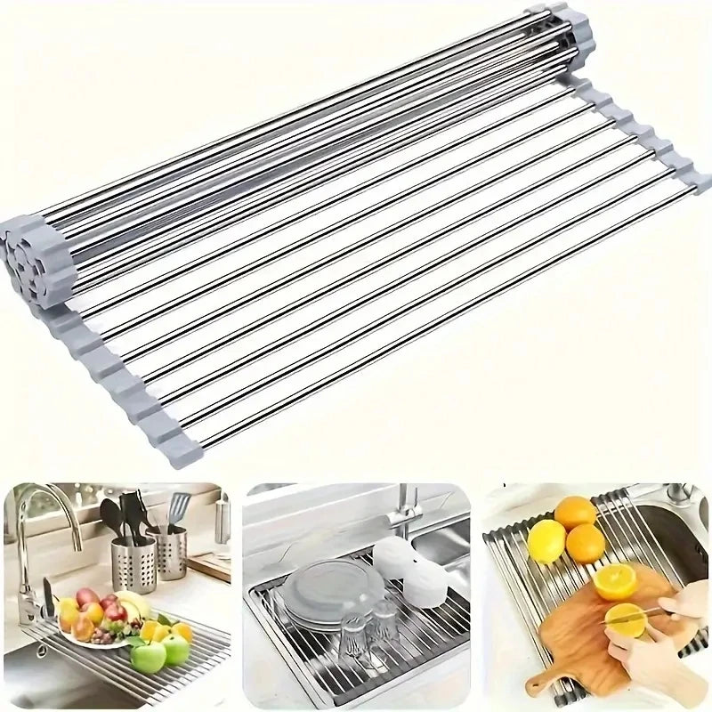 Silicone Stainless Steel Fruit & Vegetable Dish Drainer Kitchen Sink Shelf Kitchen Tools Sponge Holder Kitchen Tools  Strainer