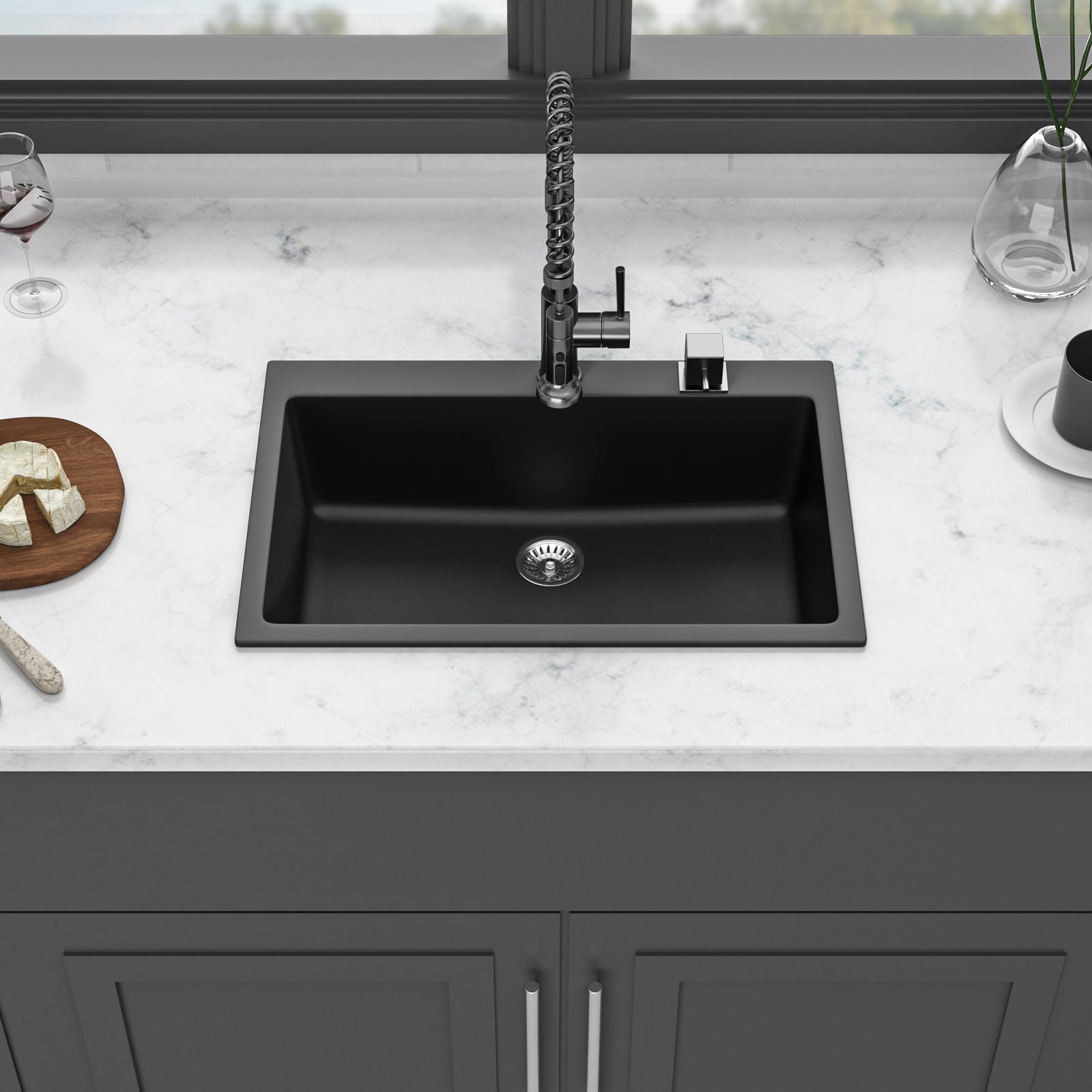 Quartz Kitchen Sink - 33x22" Black granite composite Drop in kitchen sink