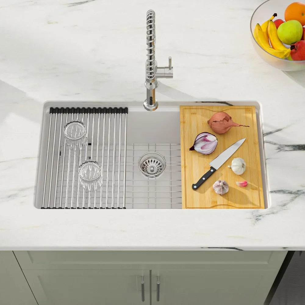 White kitchen sink, granite composite workstation under the table, single bowl quartz kitchen sink