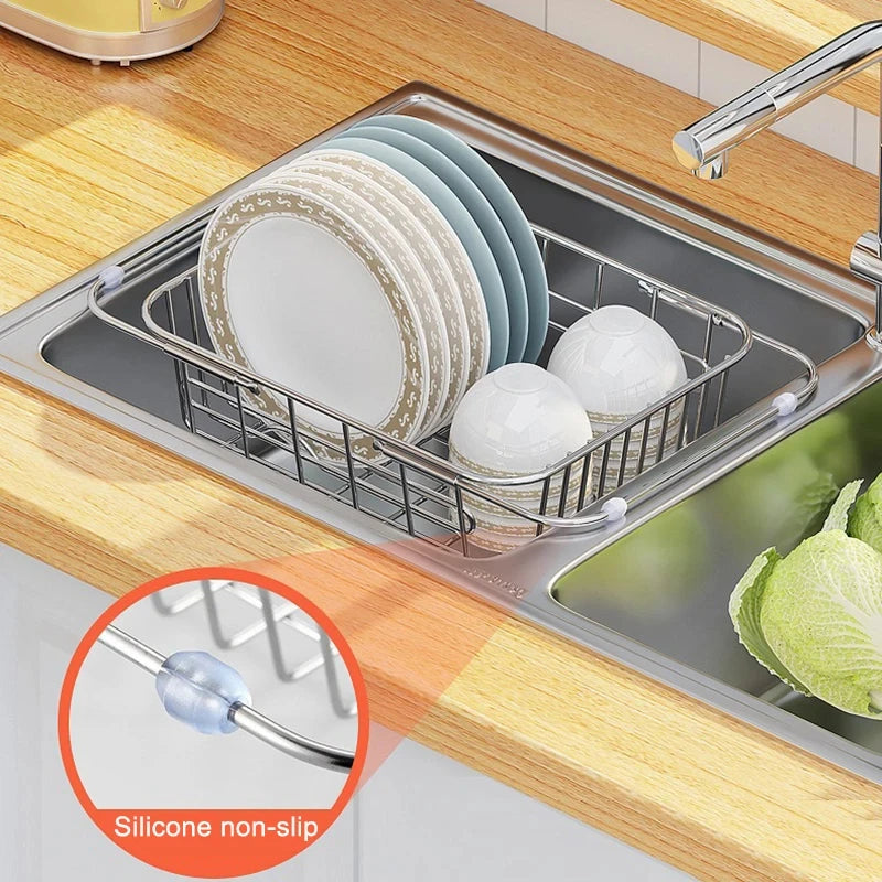 Stainless Steel Dish Drying Rack Adjustable Kitchen Sink Dish Drainer Fruit Vegetable Drain Basket Dishes Draining Storage Rack