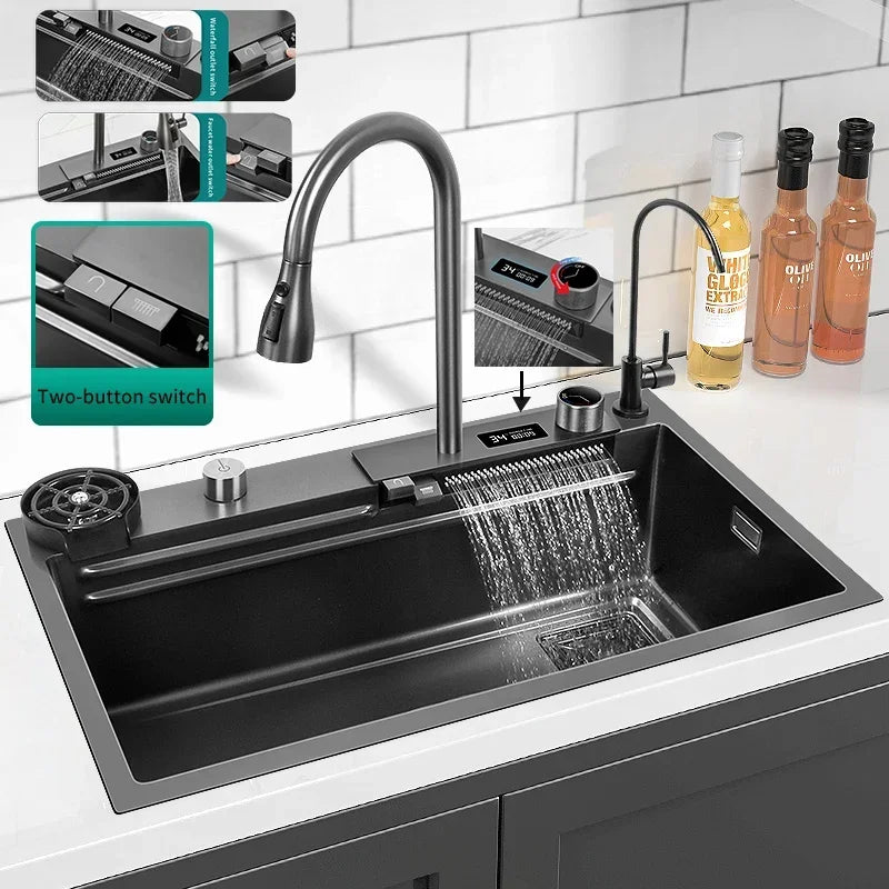 Nano Kitchen Sink 304 Stainless Steel Countertop Sink Multifunctional Digital Display Waterfall Sink Faucet With drainage system