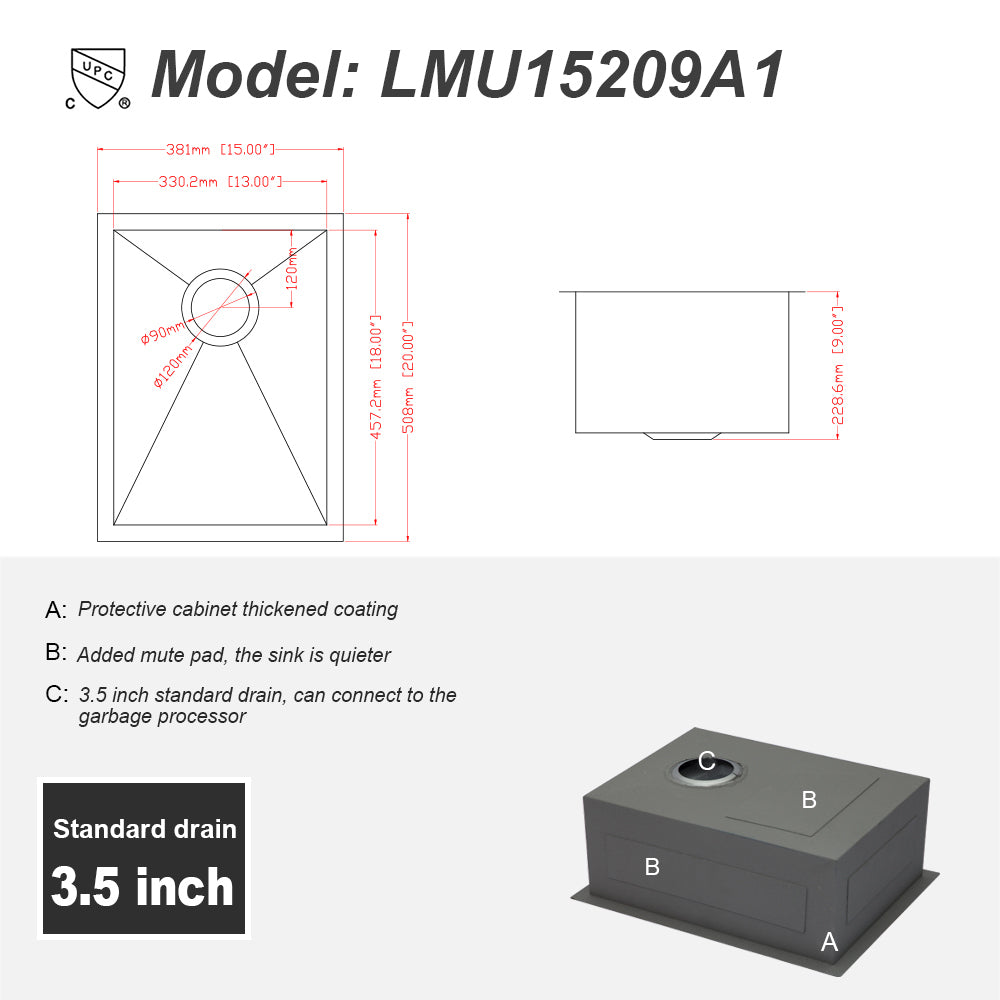 15 Inch Undermount Sink - 15"x20"x9" Undermount Stainless Steel Kitchen Sink 18 Gauge 9 Inch Deep Single Bowl Kitchen Sink Basin