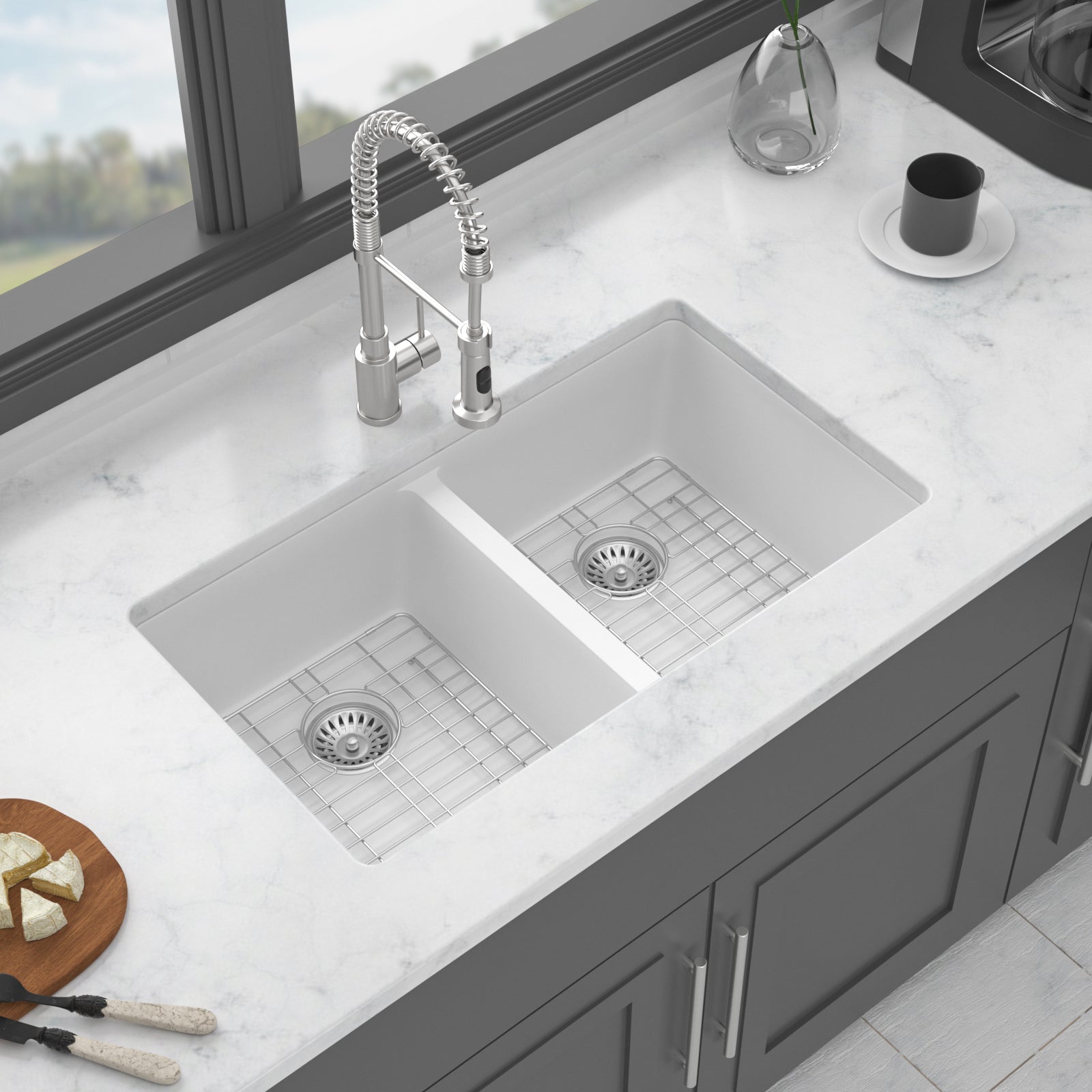 Quartz Kitchen Sink - 33x19" White granite composite undermount kitchen sink Double Bowl(50/50)