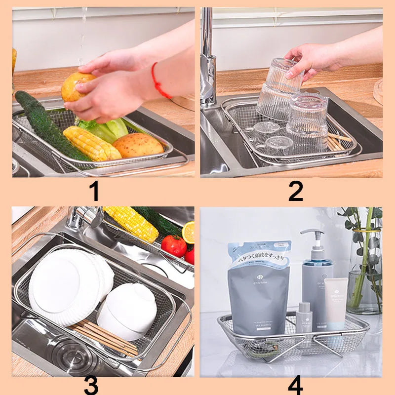 Stainless Steel Dish Drying Rack Adjustable Kitchen Sink Dish Drainer Fruit Vegetable Drain Basket Dishes Draining Storage Rack