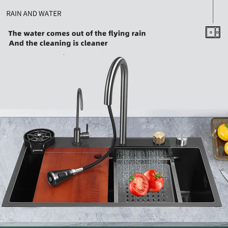 Black Nano 304 Stainless Steel Waterfall Kitchen Sink 3mm Thickness Large Single Tank High Pressure Cup Washer Waterfall Faucet