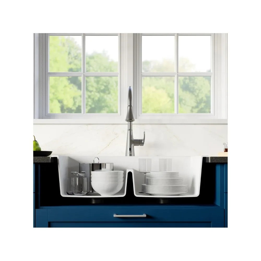 Double bowl kitchen sink, made of high-quality quartz composite material, with strong resistance to dirt, scratches, and wear