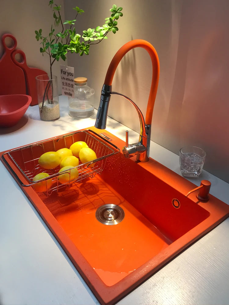 Orange Quartz Sink Kitchen Middle Island Basin Color Washing Basin Granite Counter Middle Basin Thickened Pole