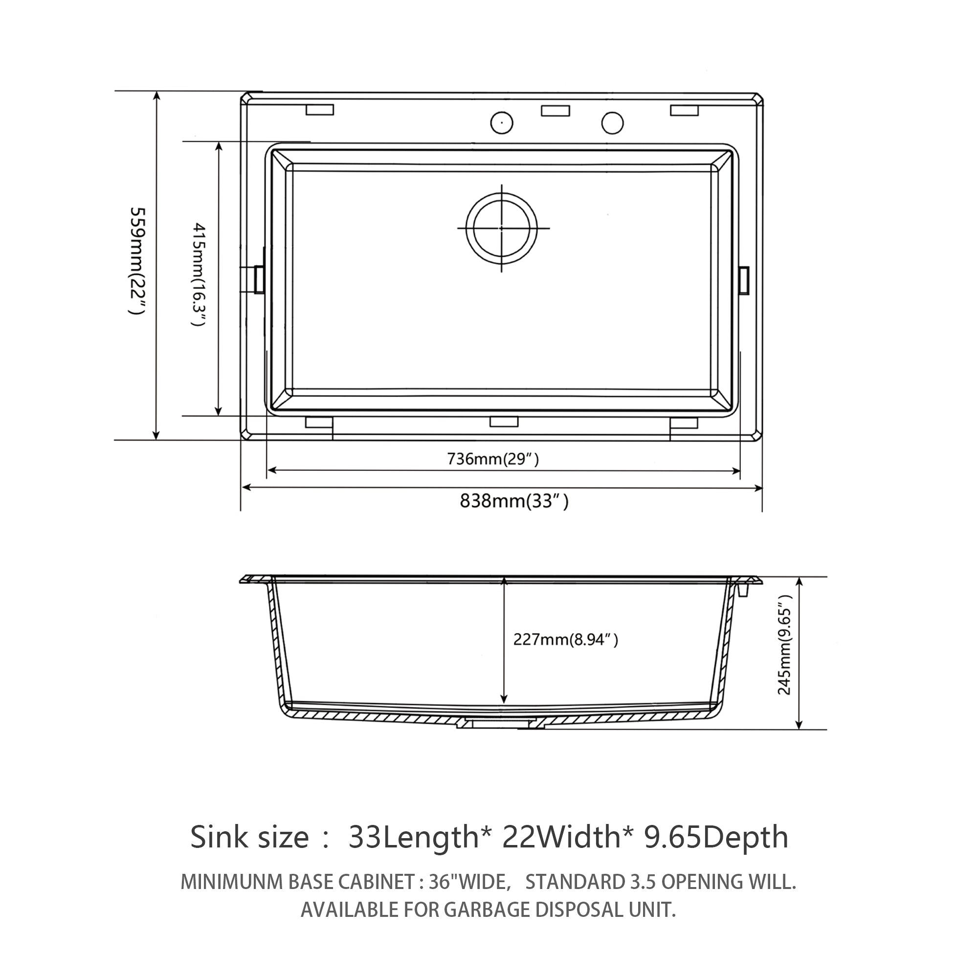 Quartz Kitchen Sink - 33x22" Black granite composite Drop in kitchen sink