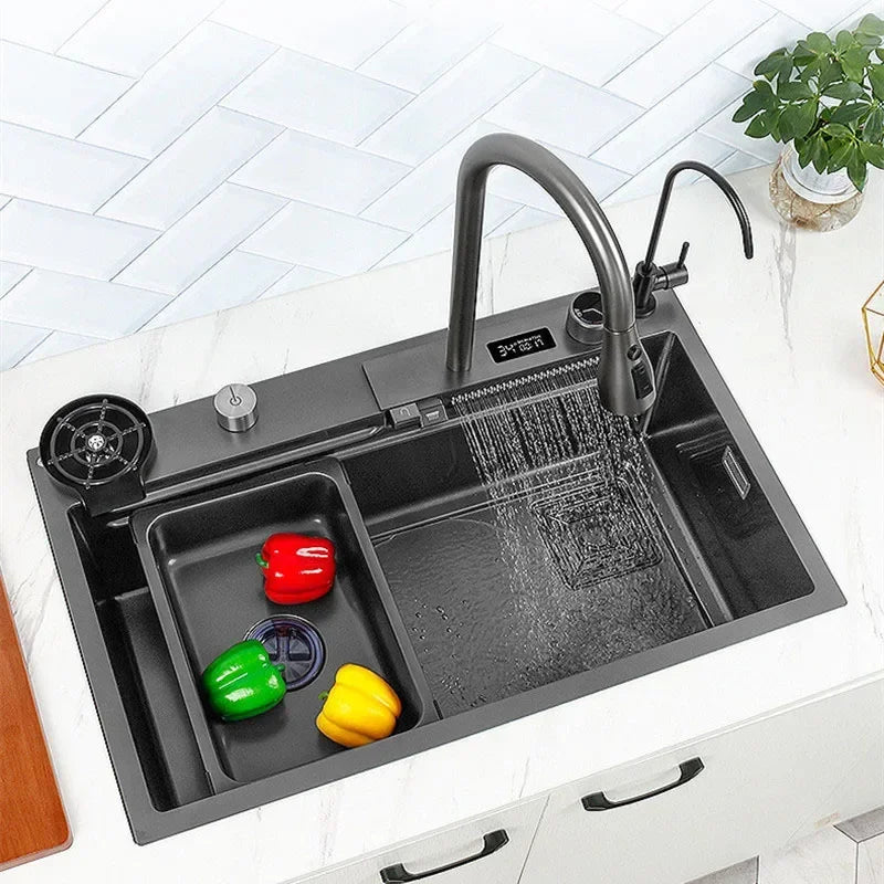 Nano Kitchen Sink 304 Stainless Steel Countertop Sink Multifunctional Digital Display Waterfall Sink Faucet With drainage system