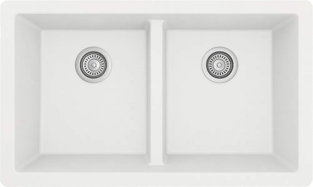 Karran QU-810 32" Undermount Double Equal Bowl Quartz Kitchen Sink in White