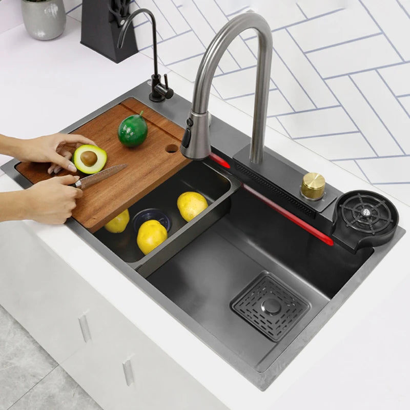 Kichen Sink Waterfall Faucet Nano 304 Stainless Steel Sink Top Mount Single Slot With Cutting Board With Cup Washer Accessories