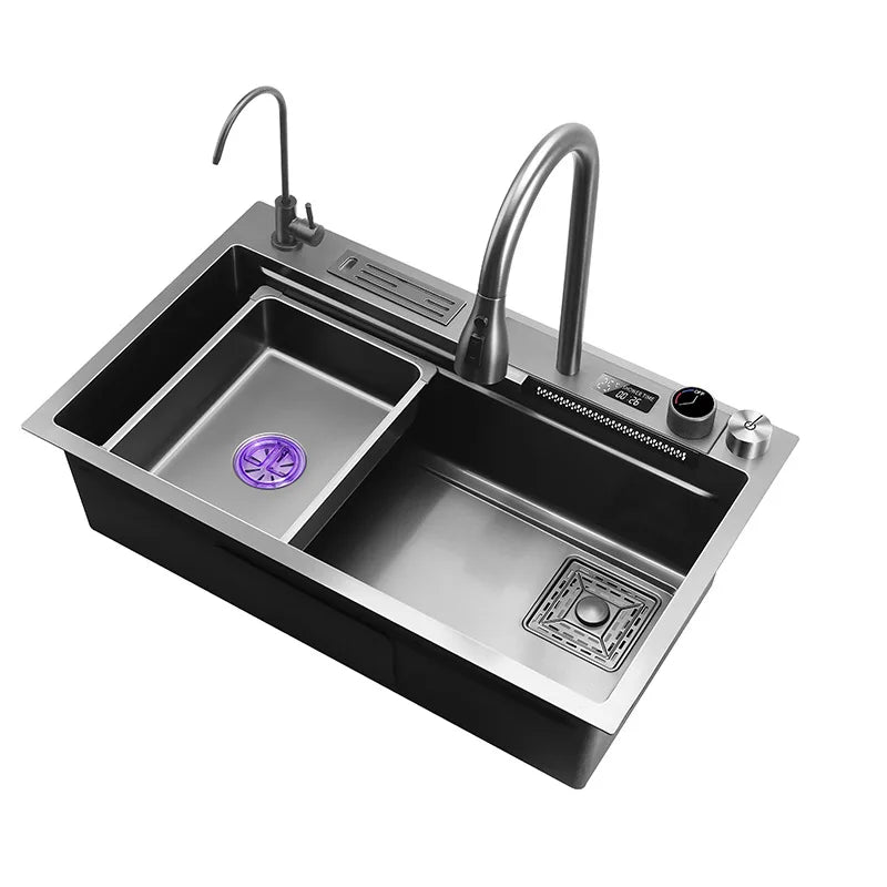 Nano Kitchen Sink Waterfall Sink 304 Stainless Steel Countertop Multifunctional Digital Display Large Single with Knife Holder