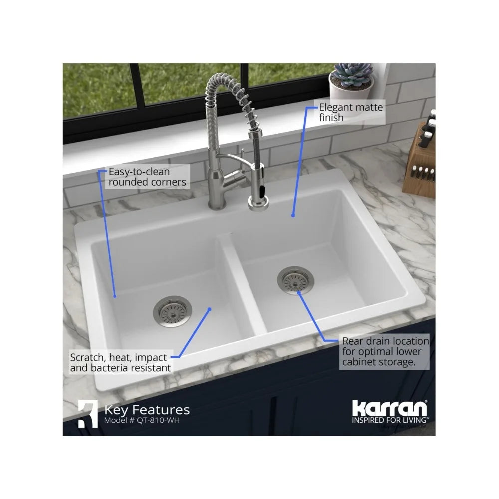 Double bowl kitchen sink, made of high-quality quartz composite material, with strong resistance to dirt, scratches, and wear