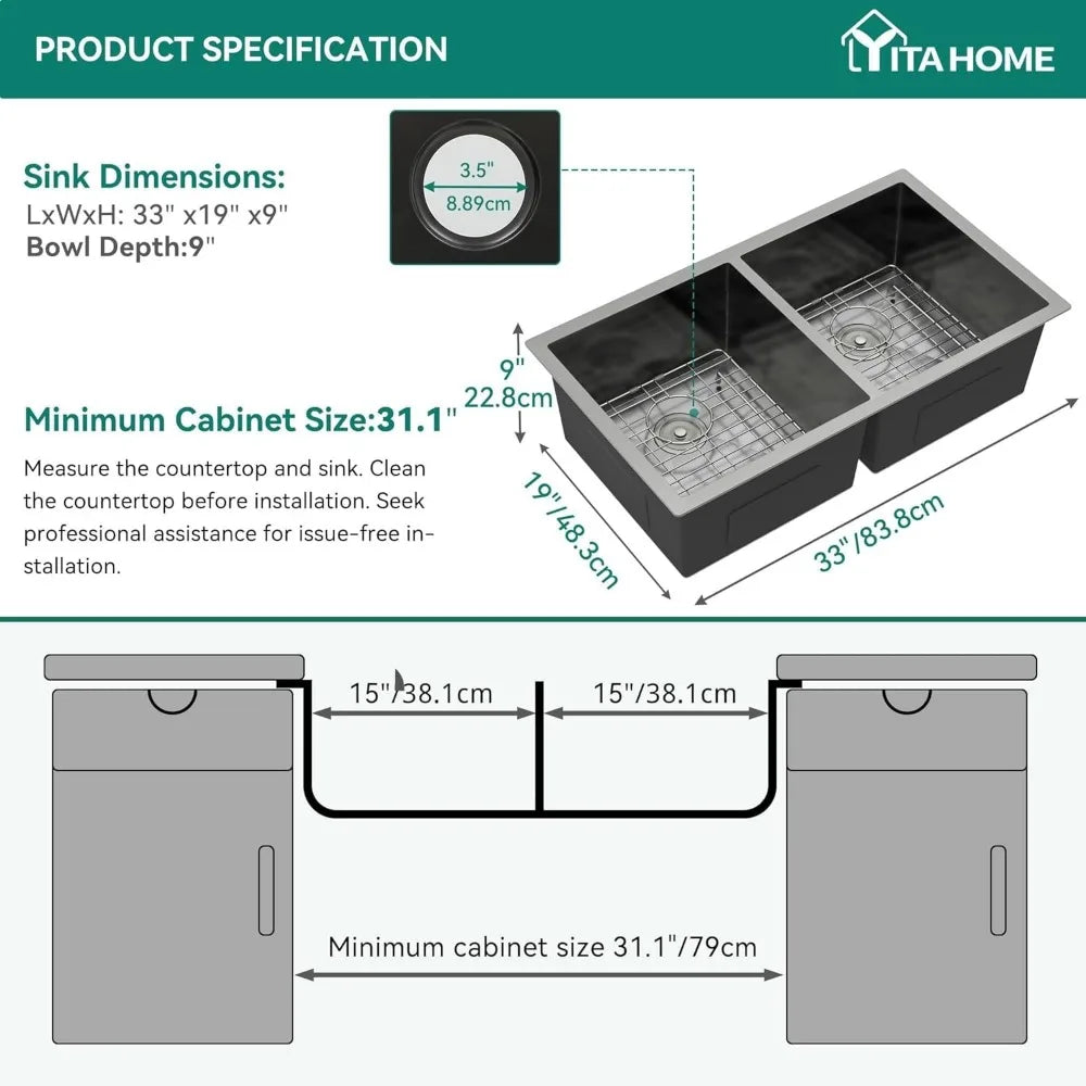 YITAHOME Black Kitchen Sink 33in Undermount Sink 50/50 Double Bowl 16 Gauge Stainless Steel Nano Gunmetal Black Sink with