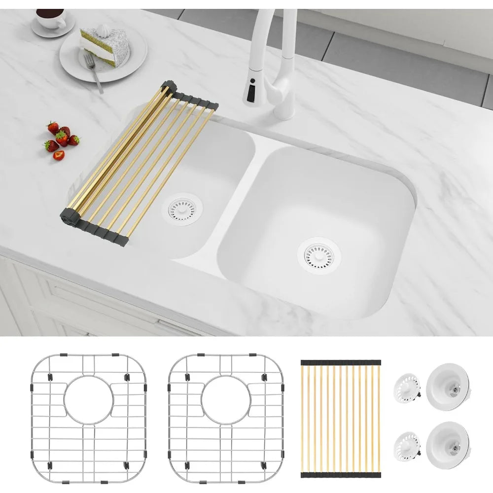 Kitchen sink, double bowl 32 X 18 inches, granite composite base, double bowl white sink with rounded corners, kitchen sink