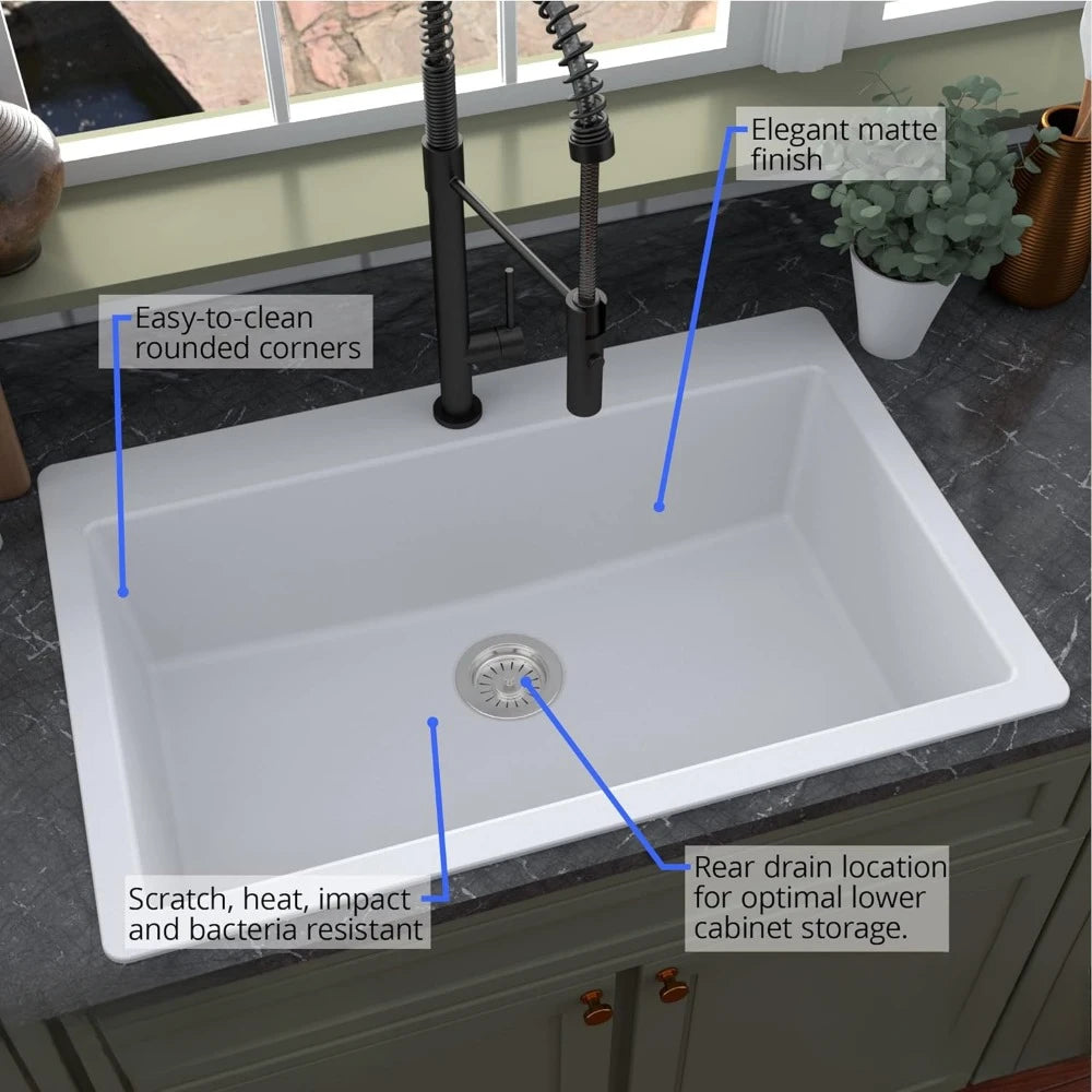 33 Inch Kitchen Sink, Top Mount Large Single Bowl Quartz Kitchen Sink