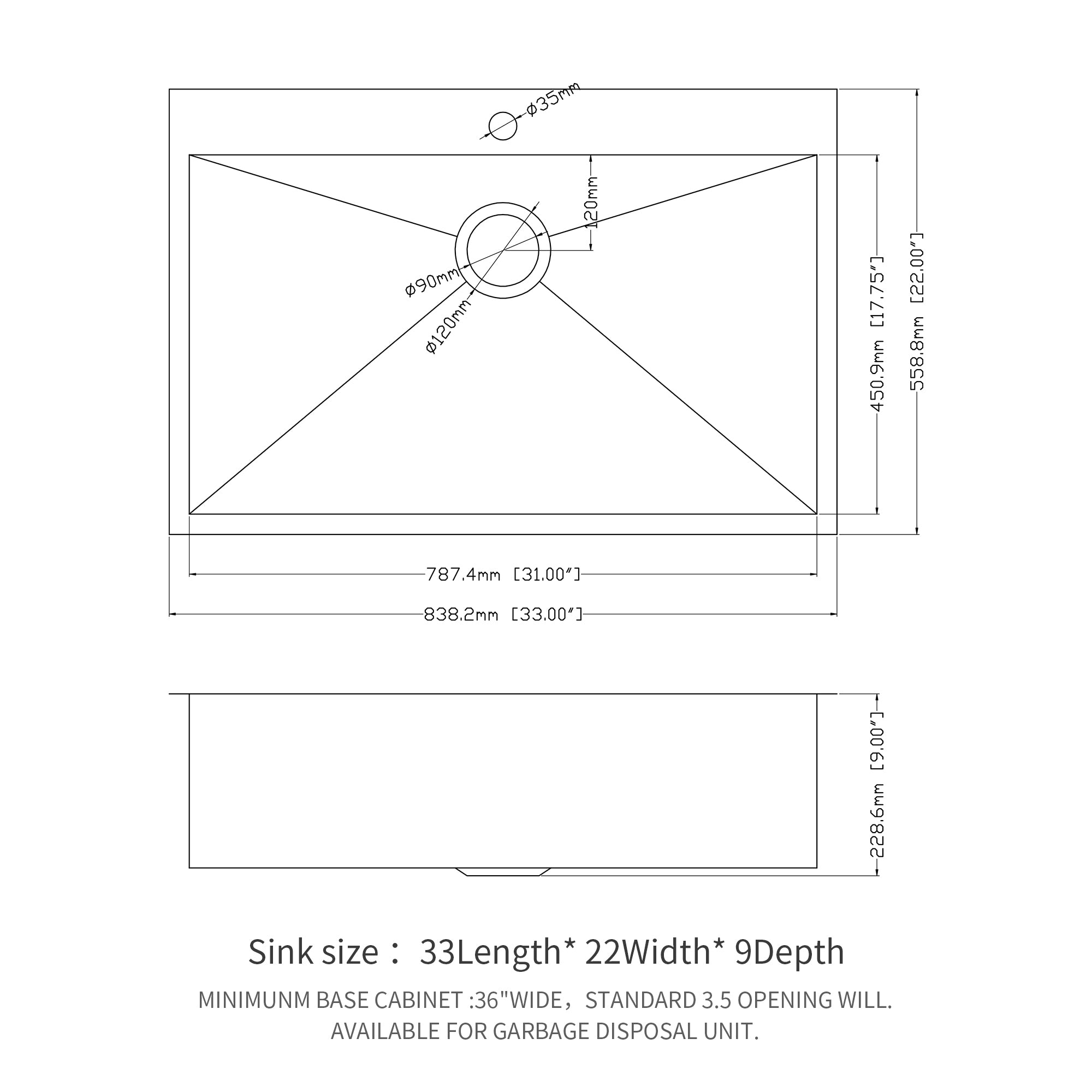 33x22 inch Kitchen Sink Drop In 18 Gauge Stainless Steel 33" Single Bowl Topmount Kitchen Sink Basin