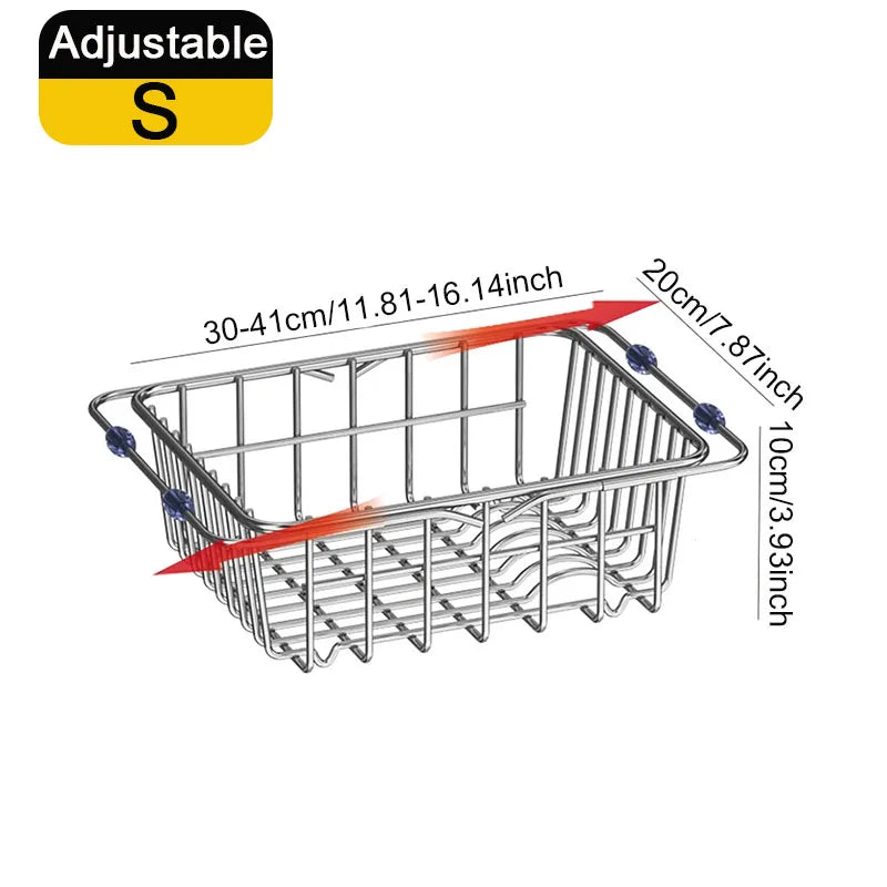 Stainless Steel Dish Drying Rack Adjustable Kitchen Sink Dish Drainer Fruit Vegetable Drain Basket Dishes Draining Storage Rack