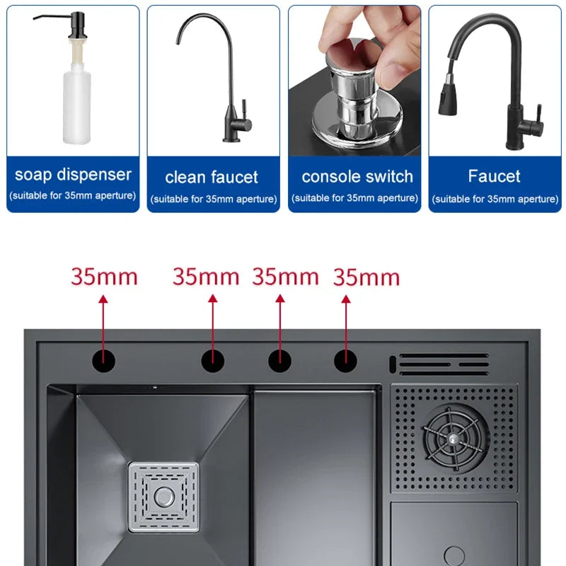 Nano Cup Washer Kitchen Sink Large Single-Slot Manual Ladder Wash Basin Multifunctional High and Low Trash Can with Knife Holder