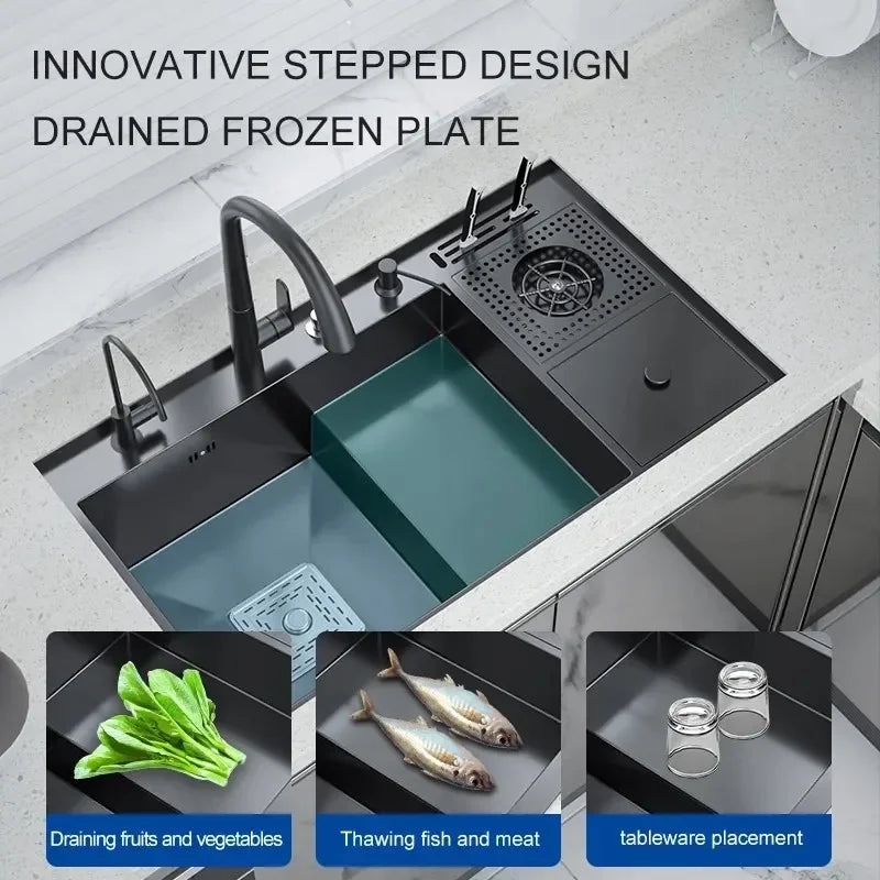 Nano Cup Washer Kitchen Sink Large Single-Slot Manual Ladder Wash Basin Multifunctional High and Low Trash Can with Knife Holder