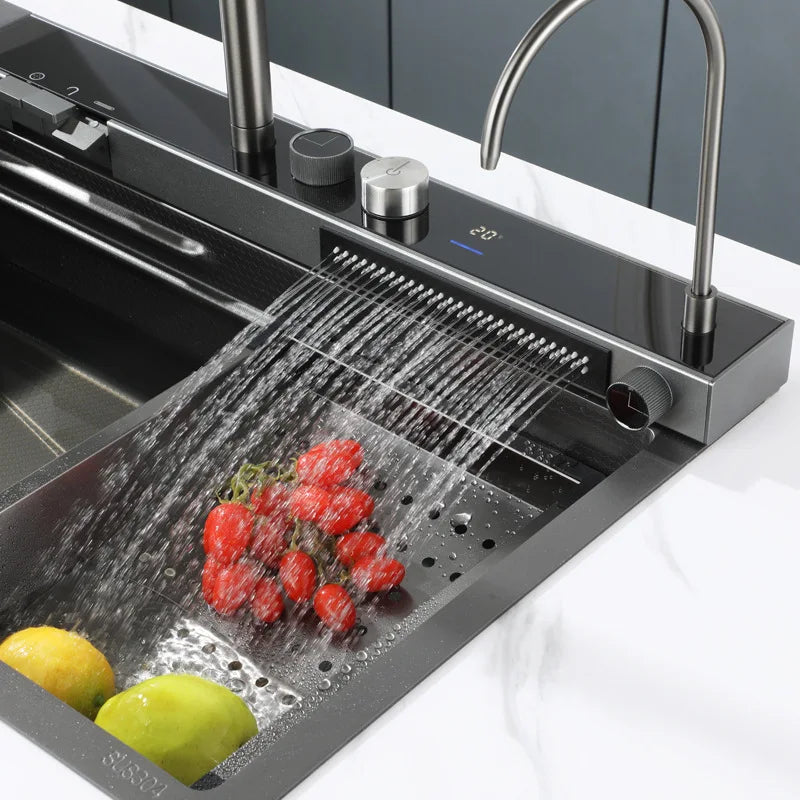 Waterfall Digital Display Honeycomb Nano Black Kitchen Sink Stainless Steel Oil-Resistant Piano Button Single Sink Faucet Set