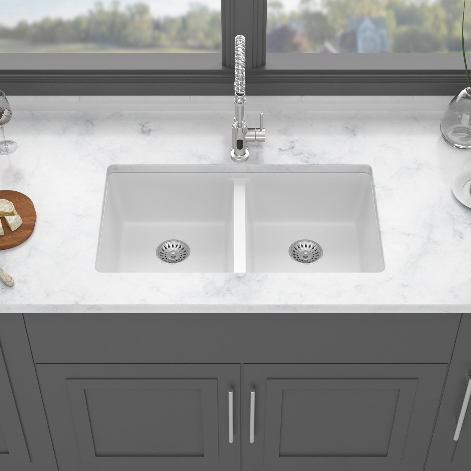 Quartz Kitchen Sink - 33x19" White granite composite undermount kitchen sink Double Bowl(50/50)