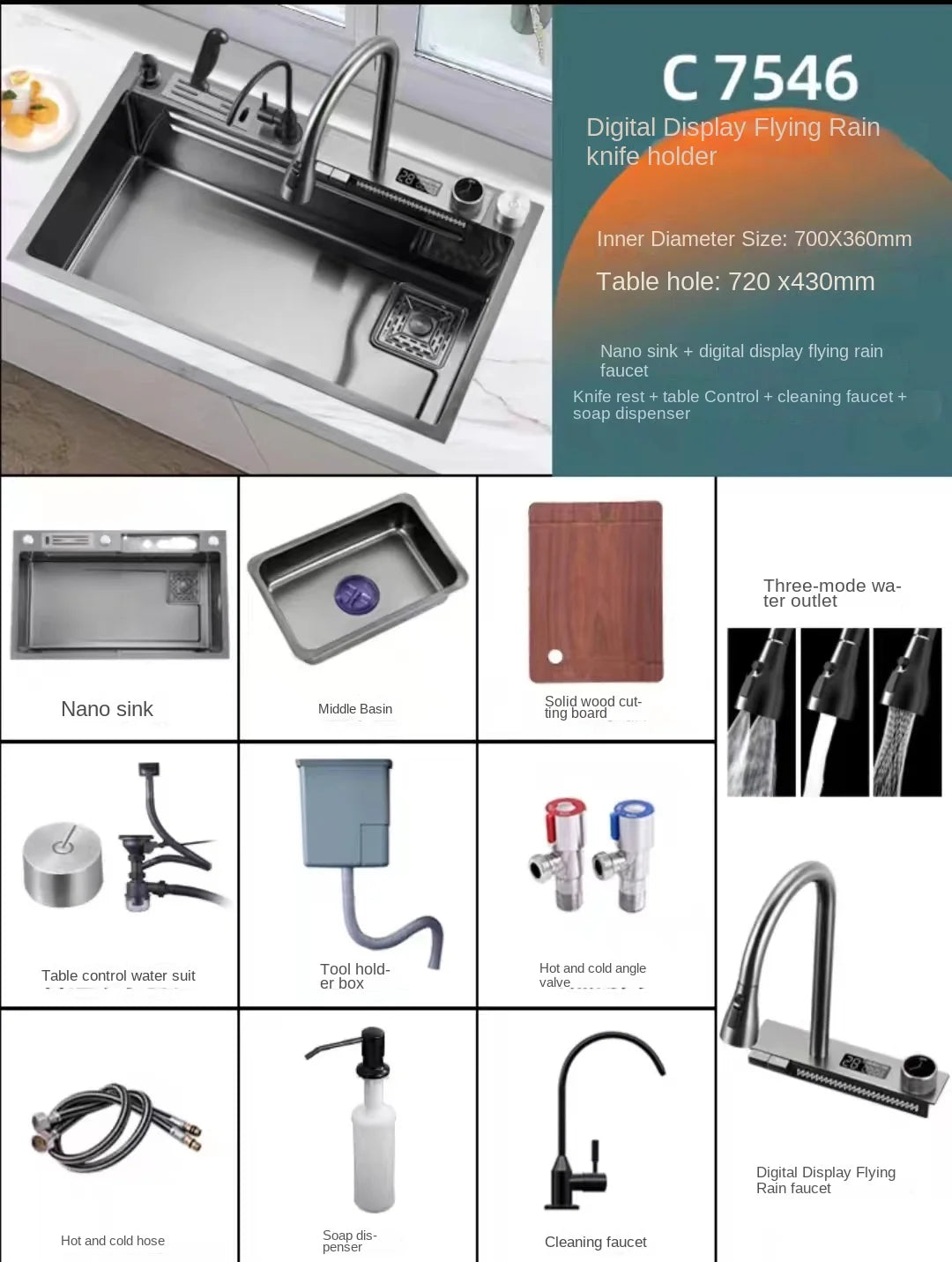 Waterfall Kitchen Sink Stainless Steel Nano Multifuctional Large Single Slot with Digital Display Touch Waterfall Faucet