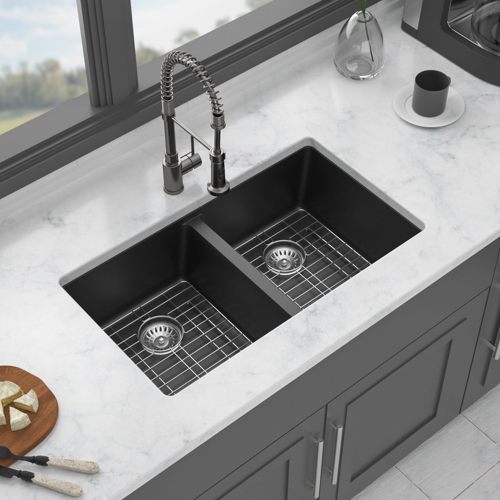 Quartz Kitchen Sink - 33x19" Black granite composite undermount kitchen sink Double Bowl(50/50)