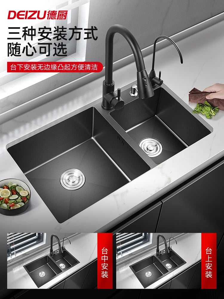 Черная немецкая кухонная мойка Double Nano Kitchen 304 нержавеющая стальная мойка для дома умывальник кухонные смесители аксессуары 