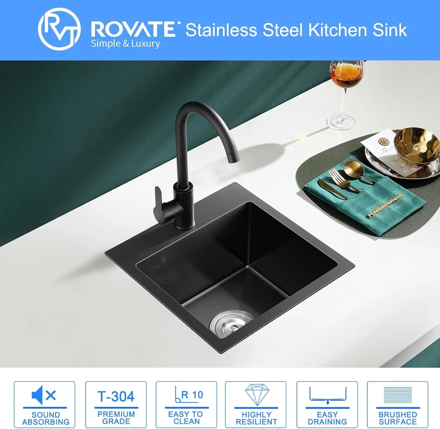 ROVATE 18x18 inch Drop in Kitchen Sink Black Nano Kitchen Bar Sink Top-mount Small Overmount Handmade 304 Stainless Steel Bar