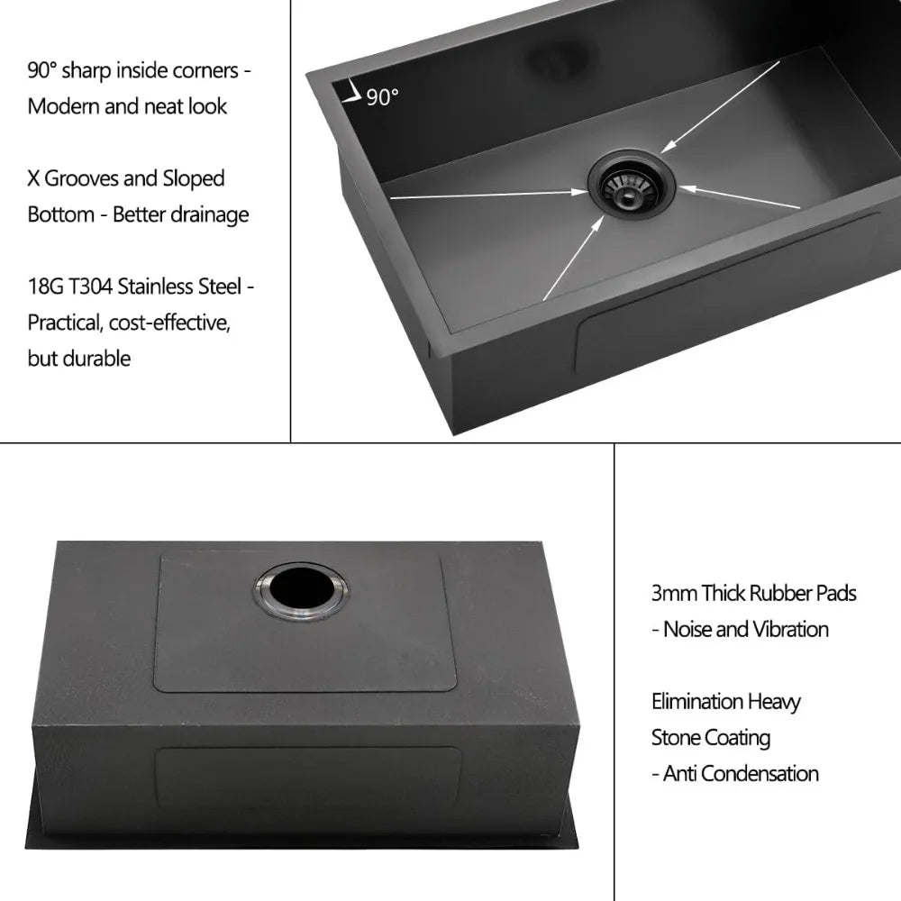 32” X 17” X 9” Kitchen Sink, 18 Gauge Undermount  Nano Black Stainless Steel Kitchen Sink