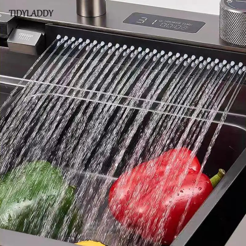 Waterfall Kitchen Sink Stainless Steel Nano Multifuctional Large Single Slot with Digital Display Touch Waterfall Faucet