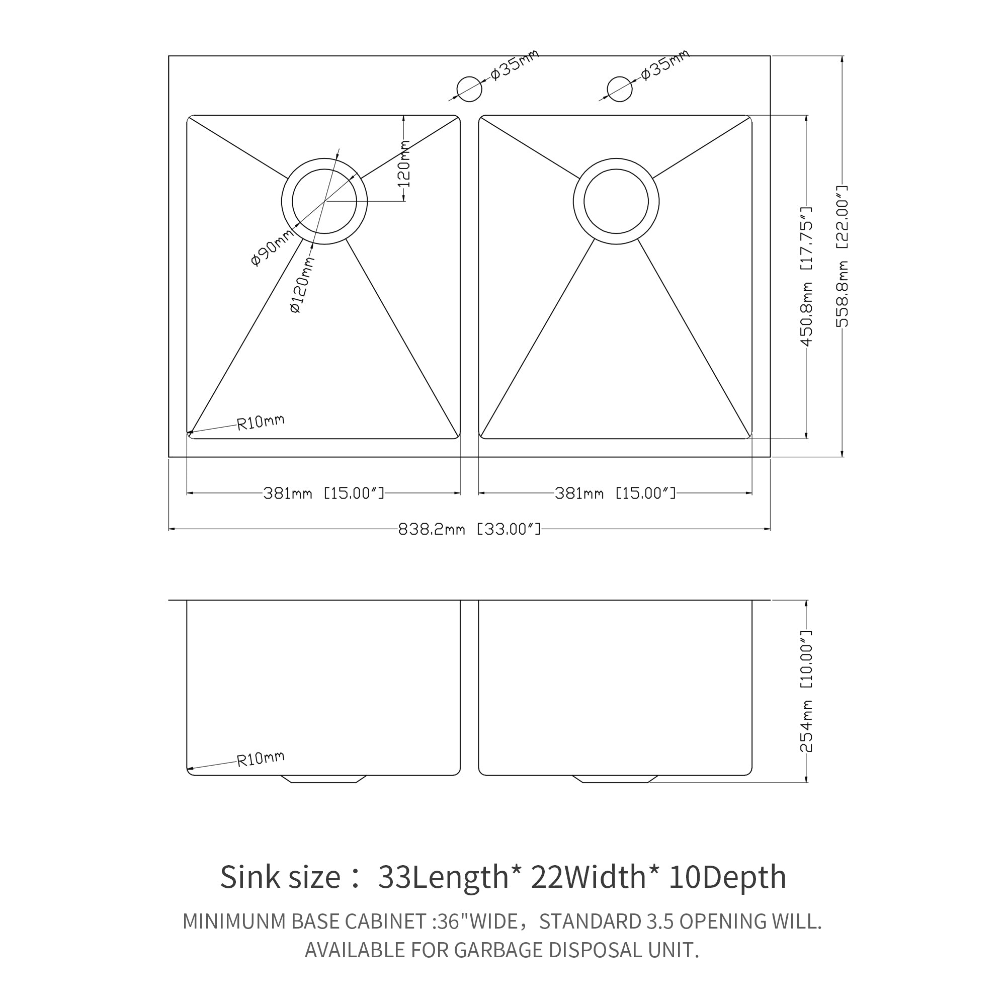 Double Bowl (50/50) Drop in Sink - 33"x22"x10" Stainless Steel Kitchen Sink 16 Gauge with Two 10" Deep Basin