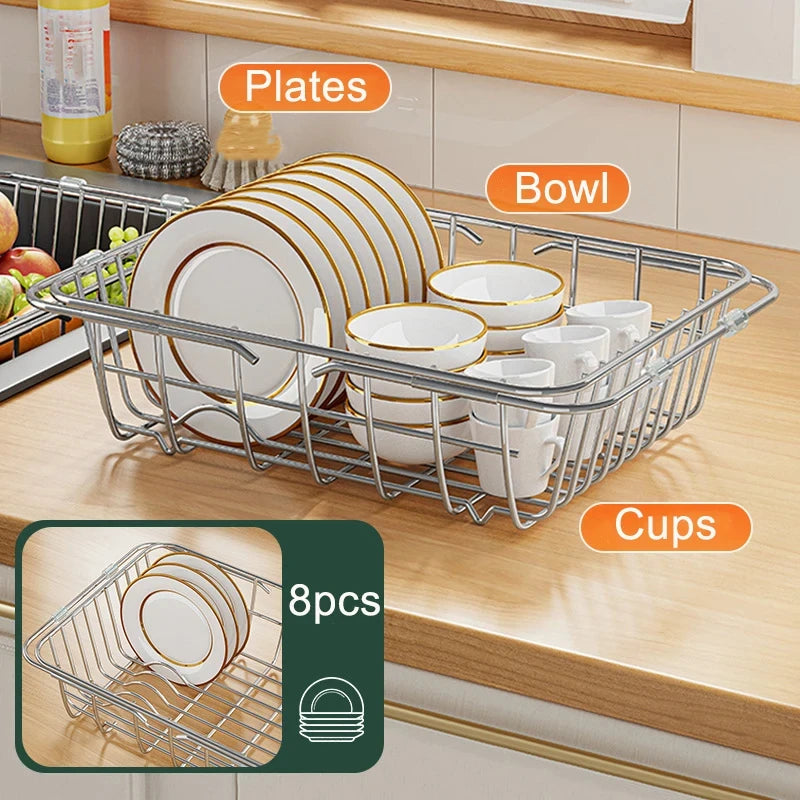 Stainless Steel Dish Drying Rack Adjustable Kitchen Sink Dish Drainer Fruit Vegetable Drain Basket Dishes Draining Storage Rack