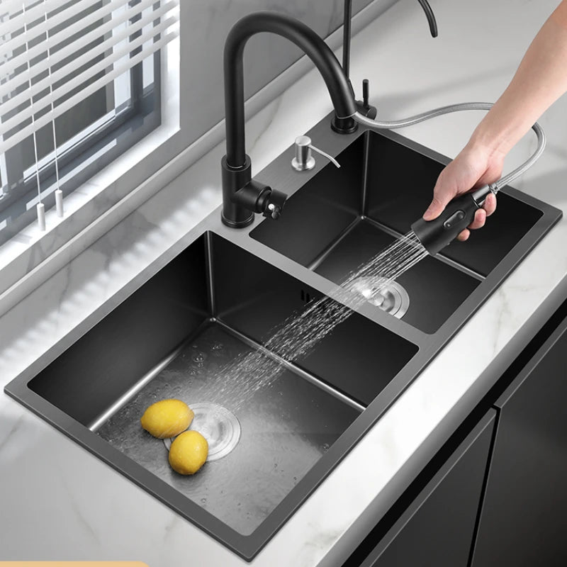 Black German Kitchen Sink Double Nano Kitchen 304 Stainless Steel Sink Home Improvement Wash Basin Kitchen Faucets Accessories