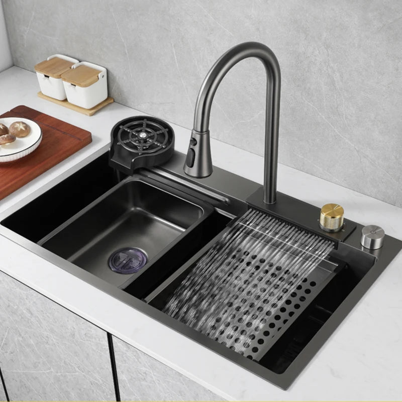 Kichen Sink Waterfall Faucet Nano 304 Stainless Steel Sink Top Mount Single Slot With Cutting Board With Cup Washer Accessories