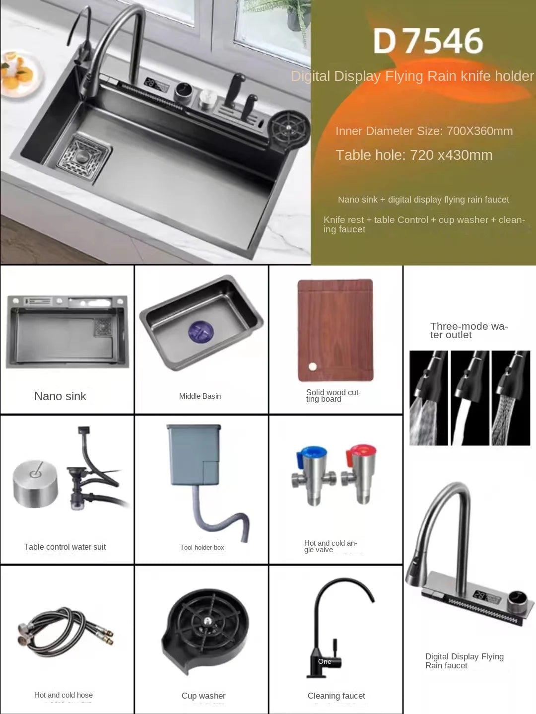 Waterfall Kitchen Sink Stainless Steel Nano Multifuctional Large Single Slot with Digital Display Touch Waterfall Faucet