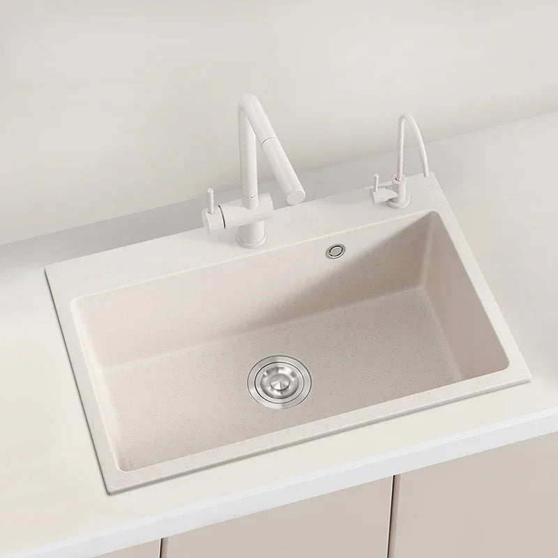 Cream White Quartz Stone Kitchen Sink Large Single Sink Granite Small Scullery Embedded Table under Table Washing Basin