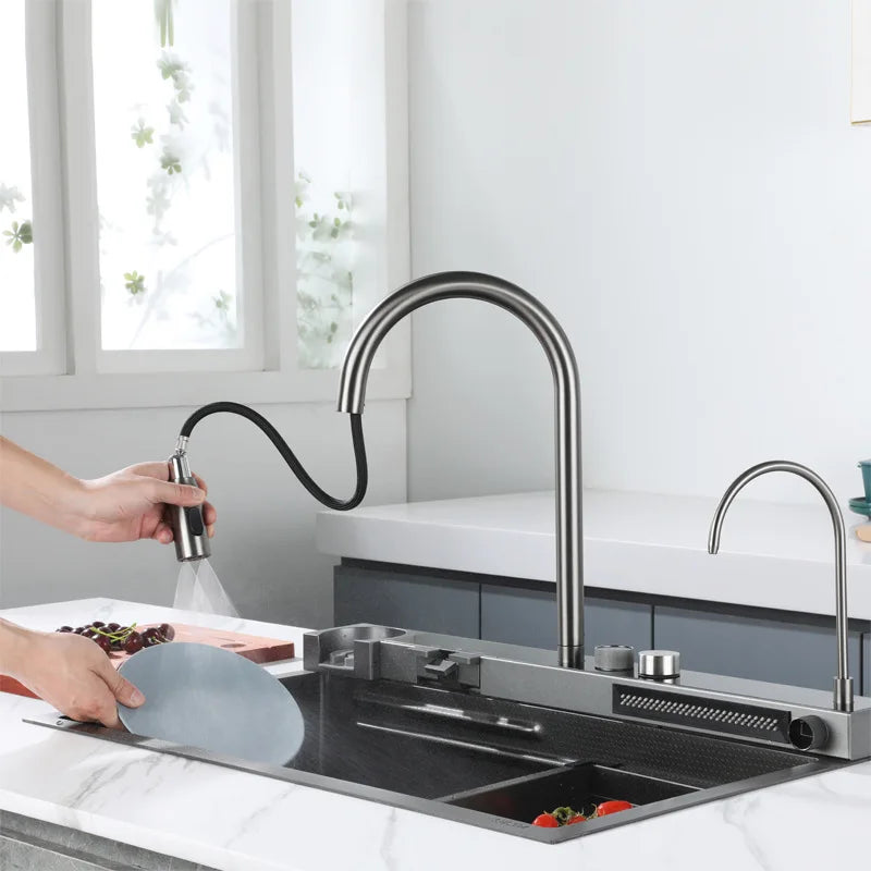 Waterfall Digital Display Honeycomb Nano Black Kitchen Sink Stainless Steel Oil-Resistant Piano Button Single Sink Faucet Set