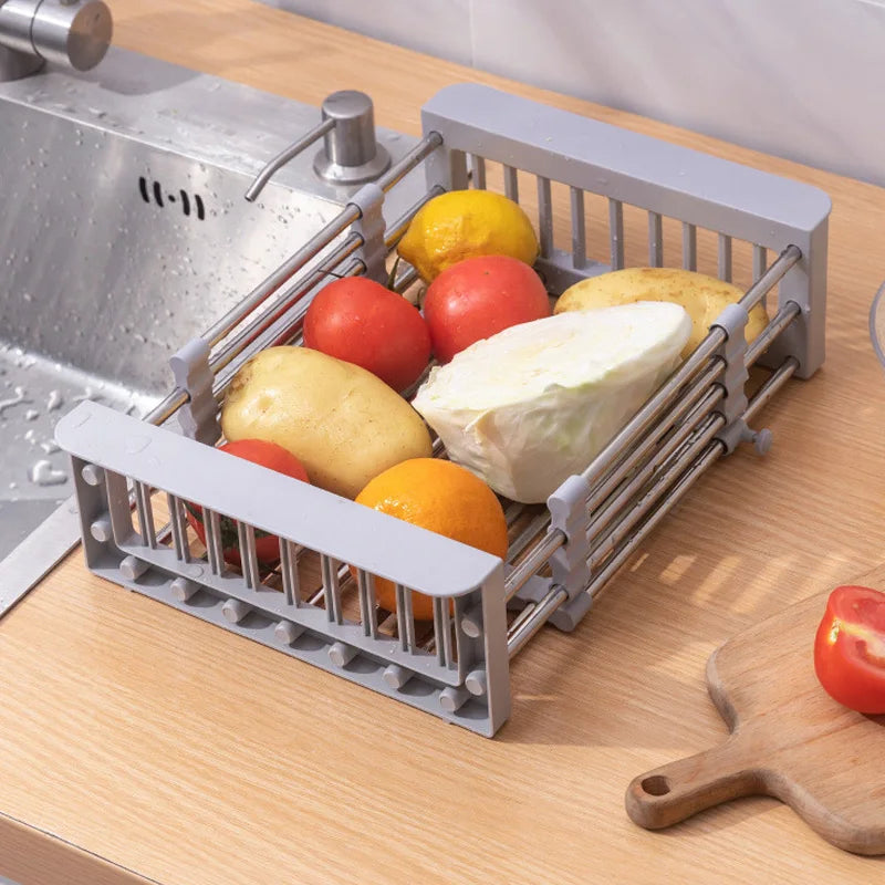 Kitchen Sink Rack Adjustable Stainless Steel Dish Drain Rack Sink Plate Bowl Holder Tableware Organizer Fruit Vegetable Drainer