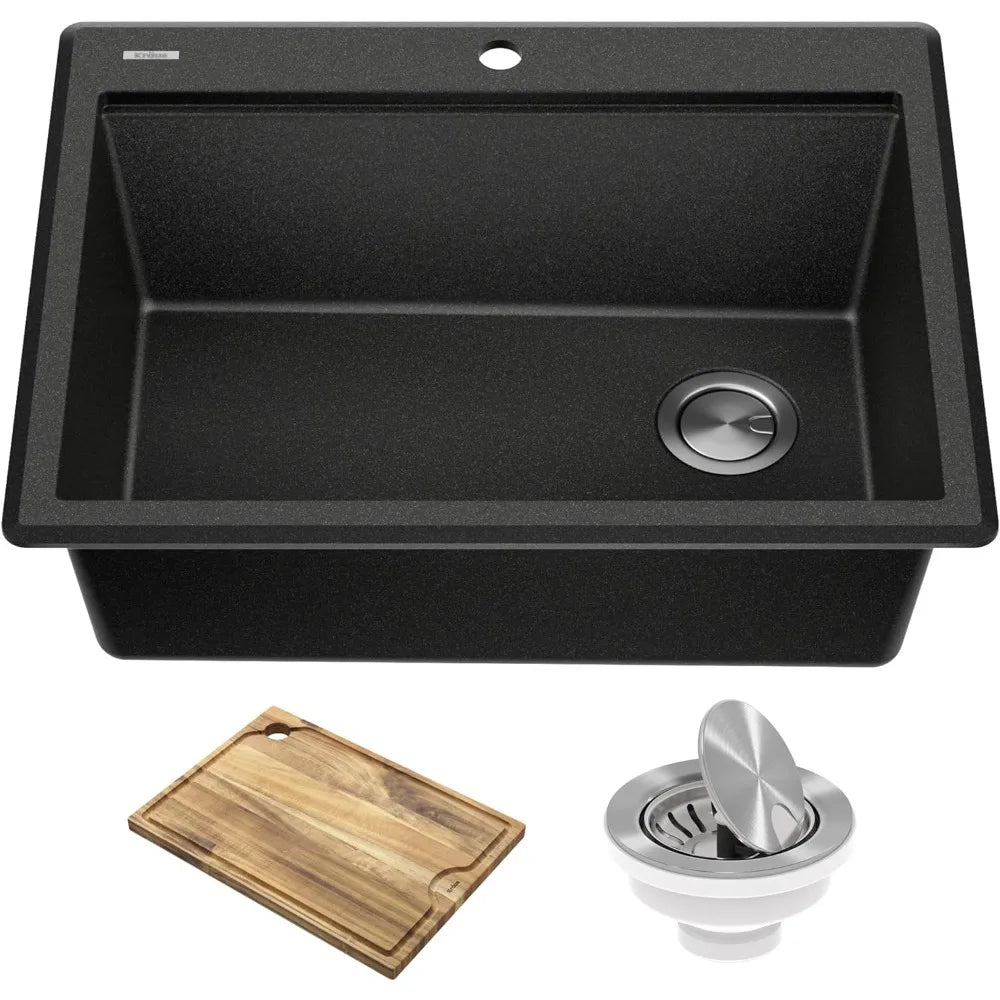 Workstation 32 inch Undermount Granite Composite Single Bowl Kitchen Sink in Metallic Black with Accessories, KGUW2-33MBL